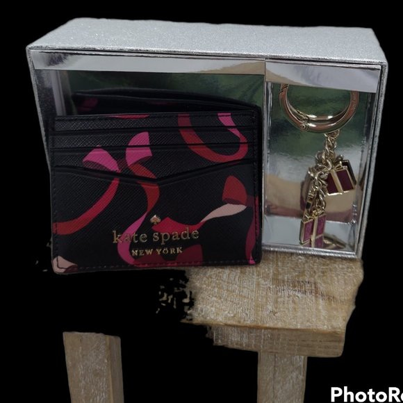 Kate Spade Staci Ribbon Boxed Card Case & Key Fob Set NWOT